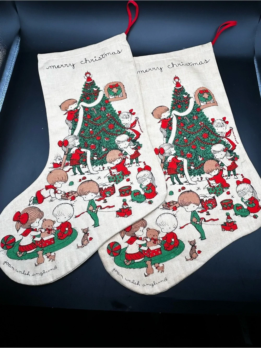 Classic Merry Christmas Holiday Stockings in Cream, Green & Red